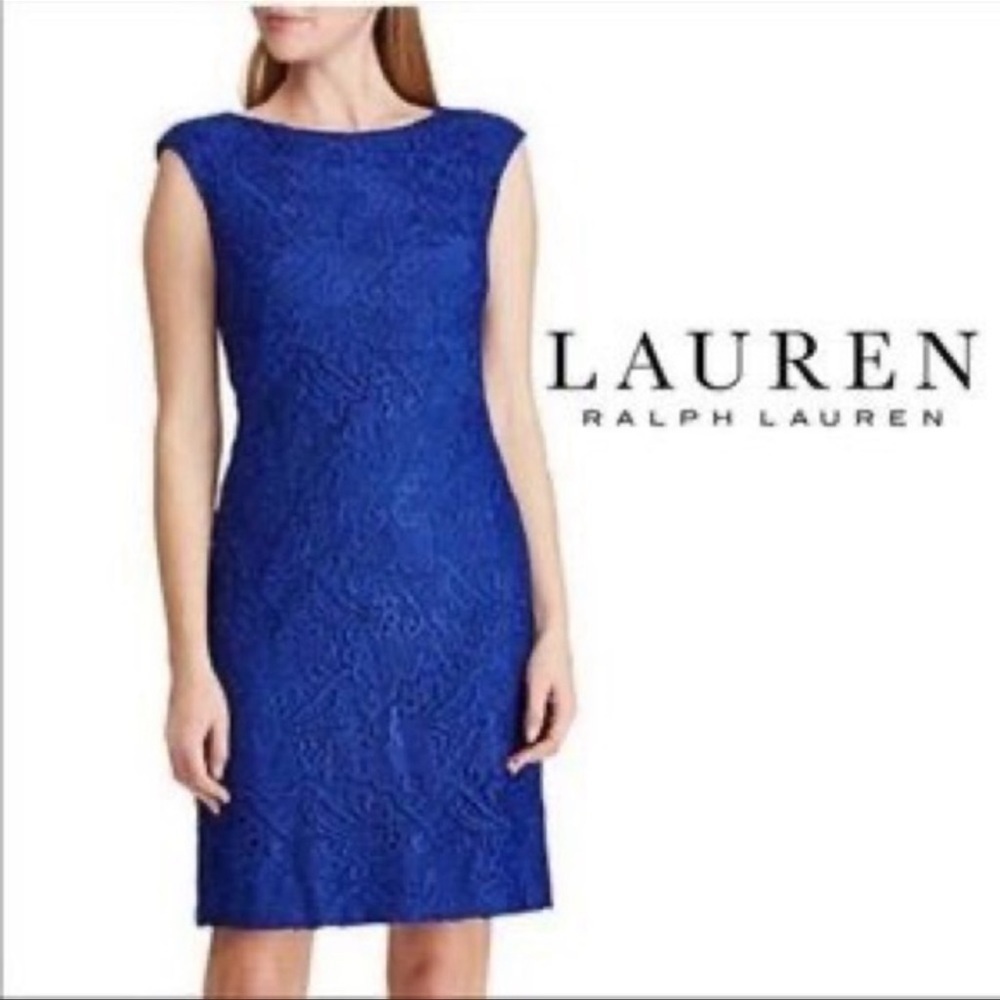 Ralph Lauren Blue Floral-Lace Dress Sleeveless.